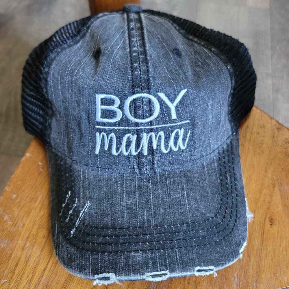 Distressed "Boy Mama" embroidered baseball hat with ponytail / Messy bun opening